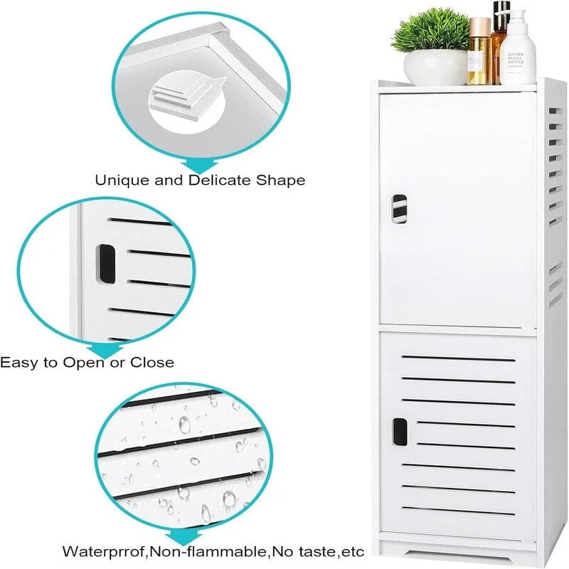 Meuble de rangement de salle de bain étroit et autonome – Blanc, finition bois, PVC, étanche