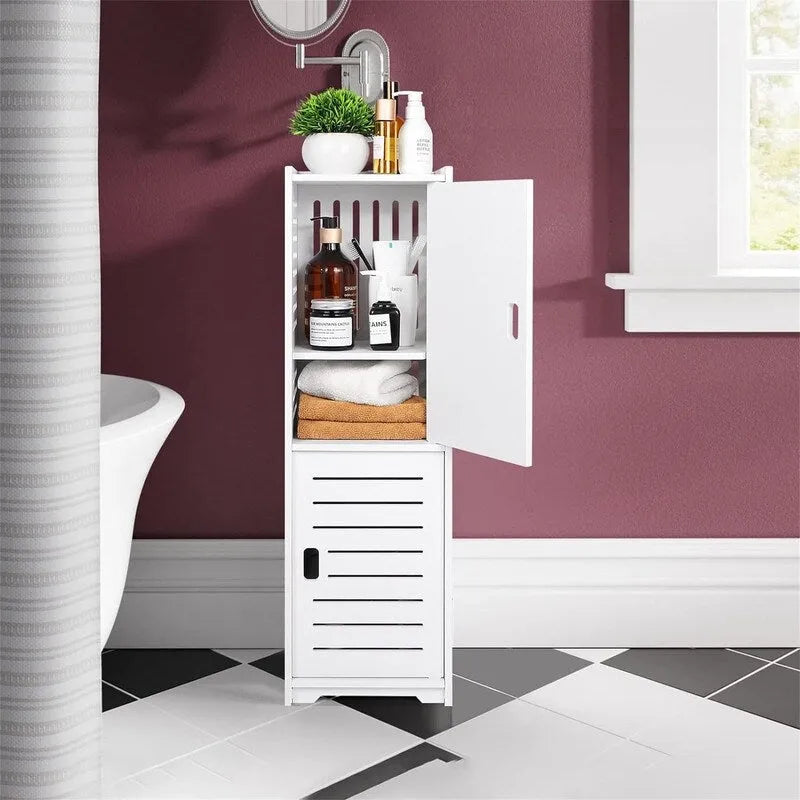 Meuble de rangement de salle de bain étroit et autonome – Blanc, finition bois, PVC, étanche