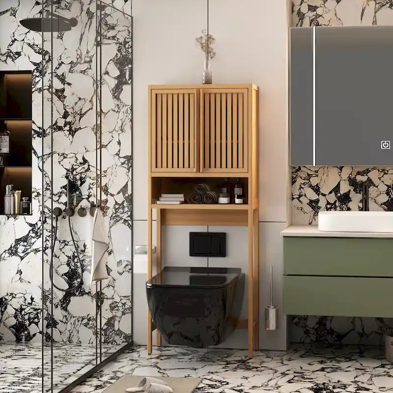 Meuble de rangement de salle de bain autoportant en bambou – Naturel, étagère ouverte et portes persiennes