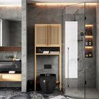 Meuble de rangement de salle de bain autoportant en bambou – Naturel, étagère ouverte et portes persiennes