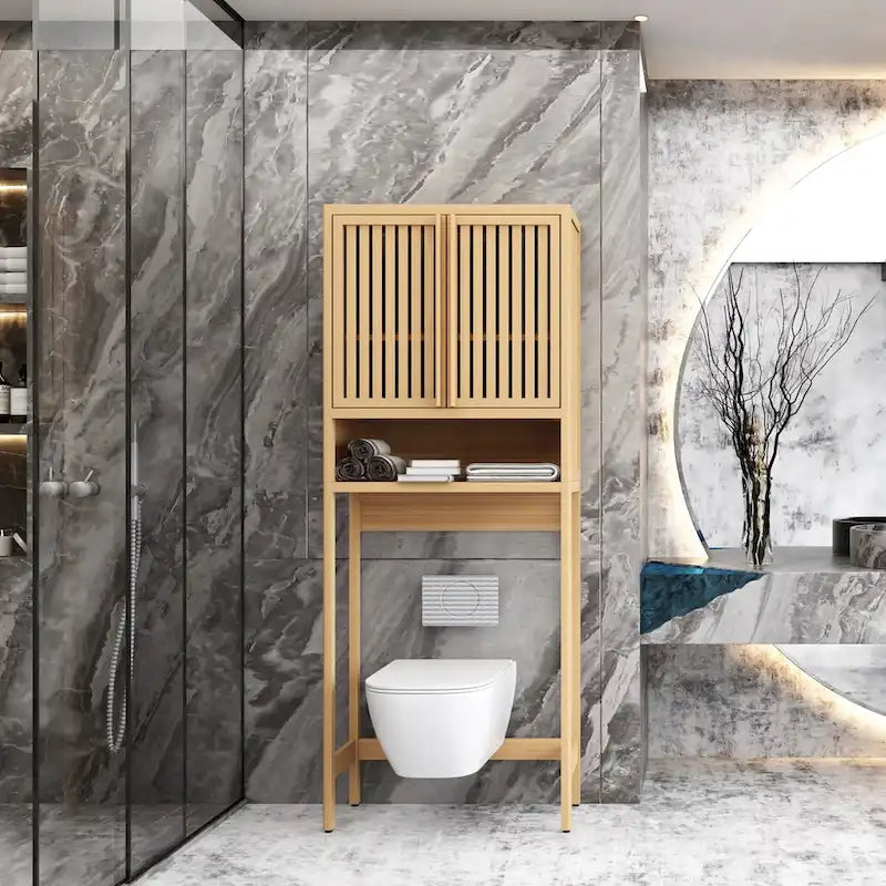 Meuble de rangement de salle de bain autoportant en bambou – Naturel, étagère ouverte et portes persiennes