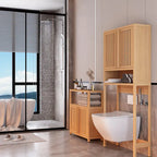 Meuble de rangement de salle de bain autoportant en bambou – Naturel, étagère ouverte et portes persiennes