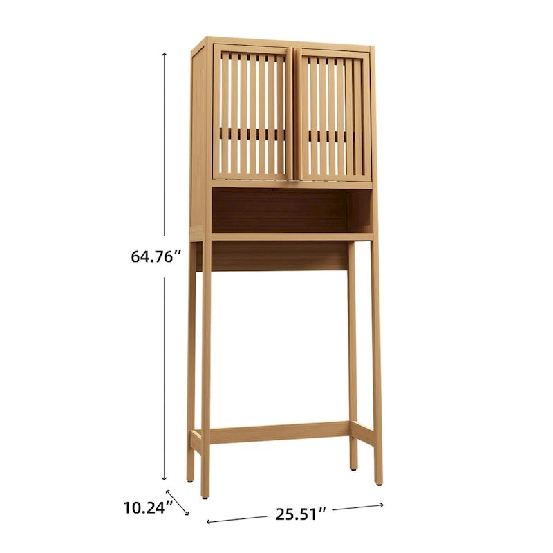 Meuble de rangement de salle de bain autoportant en bambou – Naturel, étagère ouverte et portes persiennes