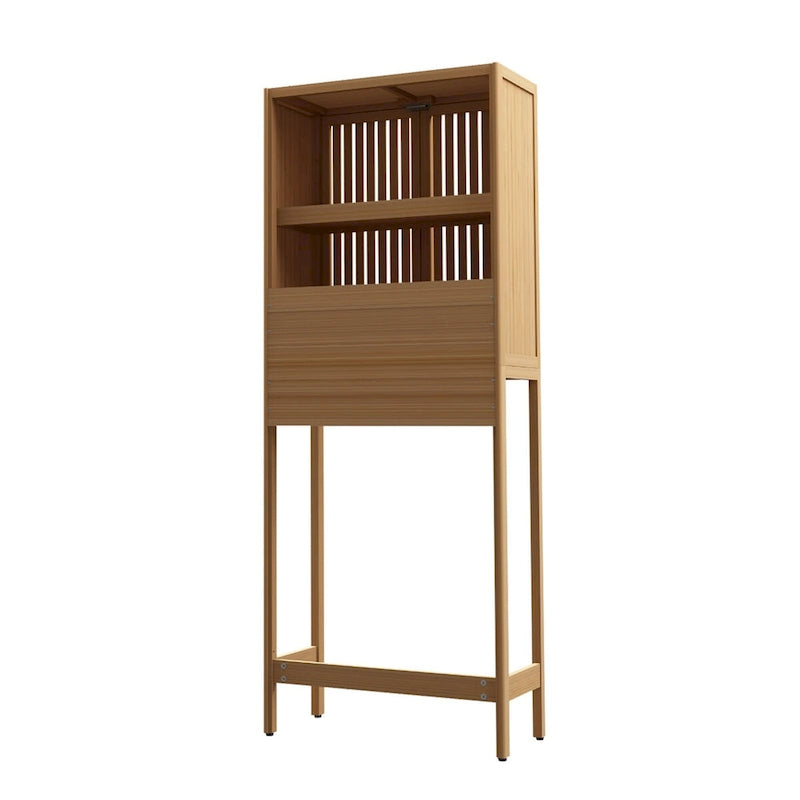 Meuble de rangement de salle de bain autoportant en bambou – Naturel, étagère ouverte et portes persiennes