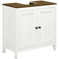 Meuble sous-lavabo sur pied avec découpe en U, doubles portes et étagère réglable – Blanc, plateau noyer, anti-basculement