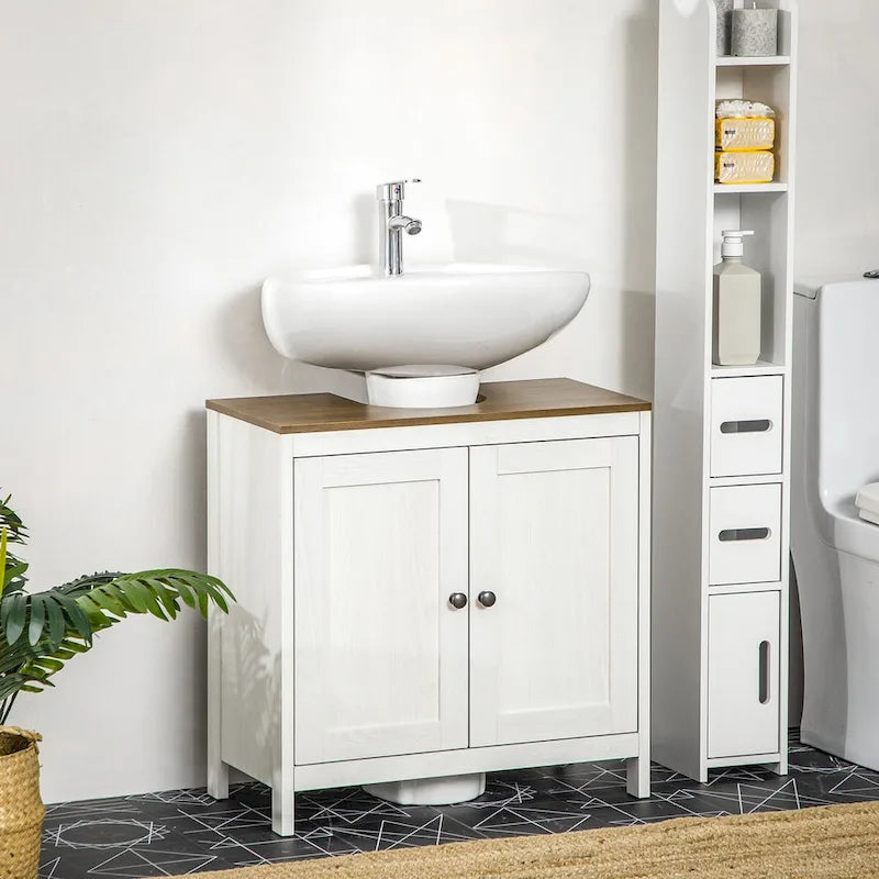 Meuble sous-lavabo sur pied avec découpe en U, doubles portes et étagère réglable – Blanc, plateau noyer, anti-basculement