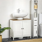 Meuble sous-lavabo sur pied avec découpe en U, doubles portes et étagère réglable – Blanc, plateau noyer, anti-basculement