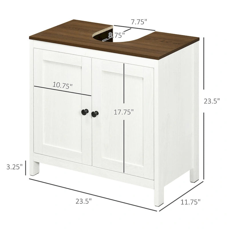 Meuble sous-lavabo sur pied avec découpe en U, doubles portes et étagère réglable – Blanc, plateau noyer, anti-basculement