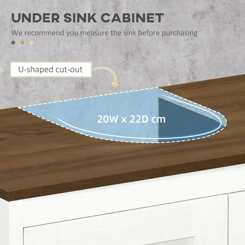 Meuble sous-lavabo sur pied avec découpe en U, doubles portes et étagère réglable – Blanc, plateau noyer, anti-basculement