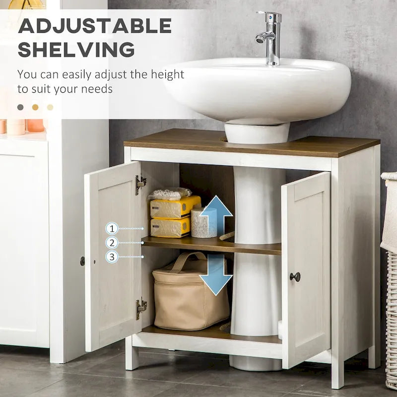 Meuble sous-lavabo sur pied avec découpe en U, doubles portes et étagère réglable – Blanc, plateau noyer, anti-basculement