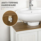 Meuble sous-lavabo sur pied avec découpe en U, doubles portes et étagère réglable – Blanc, plateau noyer, anti-basculement