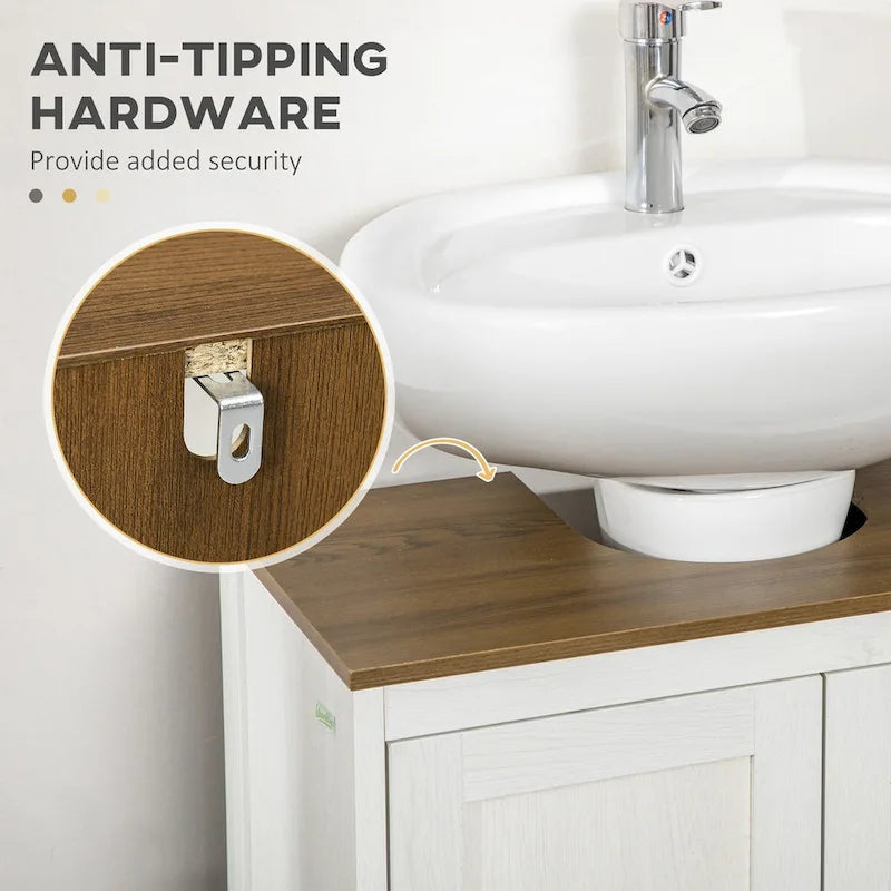 Meuble sous-lavabo sur pied avec découpe en U, doubles portes et étagère réglable – Blanc, plateau noyer, anti-basculement