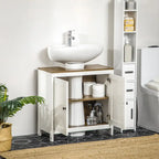 Meuble sous-lavabo sur pied avec découpe en U, doubles portes et étagère réglable – Blanc, plateau noyer, anti-basculement