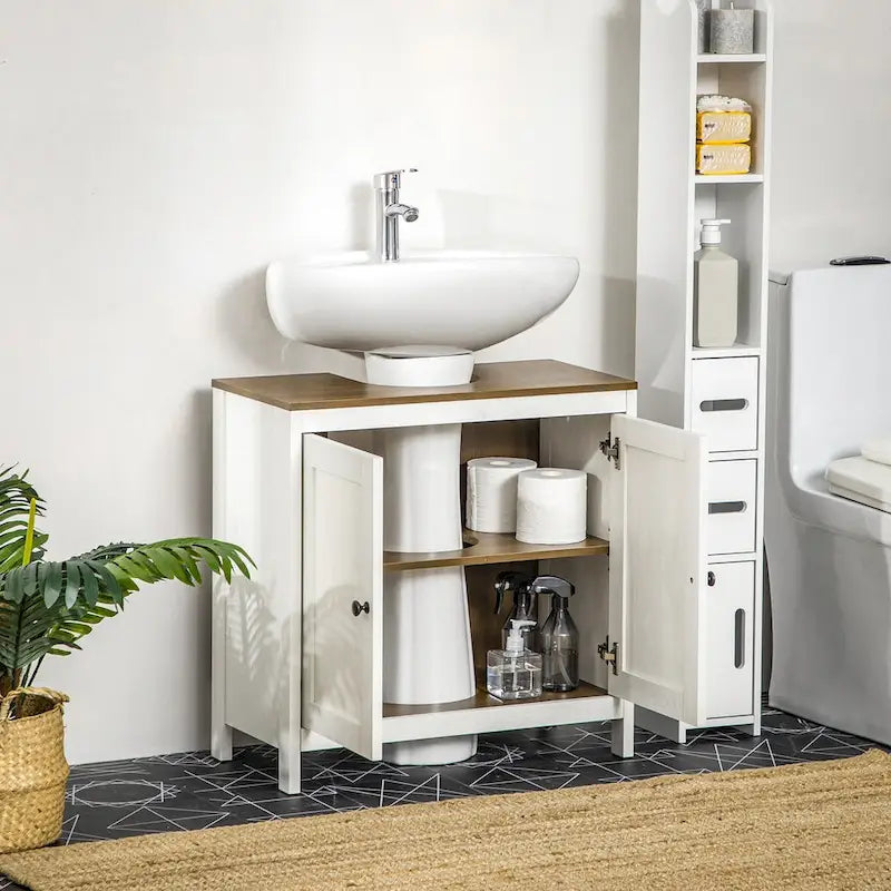 Meuble sous-lavabo sur pied avec découpe en U, doubles portes et étagère réglable – Blanc, plateau noyer, anti-basculement
