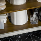 Meuble sous-lavabo sur pied avec découpe en U, doubles portes et étagère réglable – Blanc, plateau noyer, anti-basculement