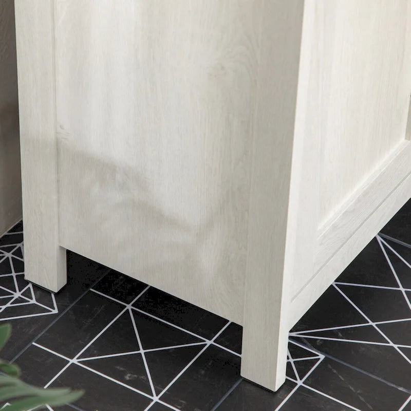 Meuble sous-lavabo sur pied avec découpe en U, doubles portes et étagère réglable – Blanc, plateau noyer, anti-basculement