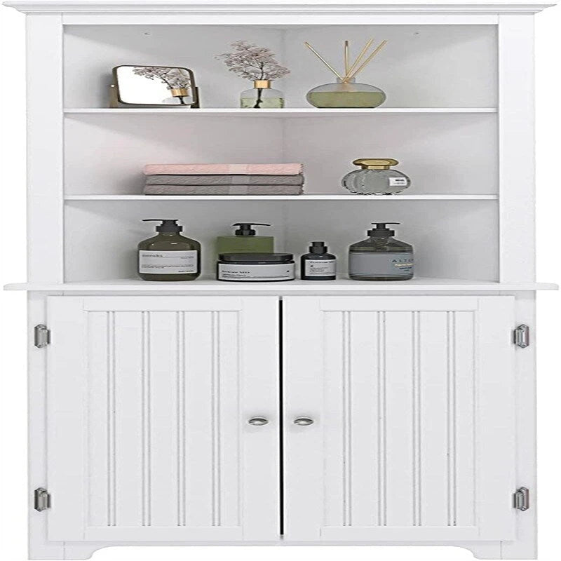 Meuble d'angle avec portes doubles et étagères réglables – Blanc, finition bois, panneau perlé, style vintage