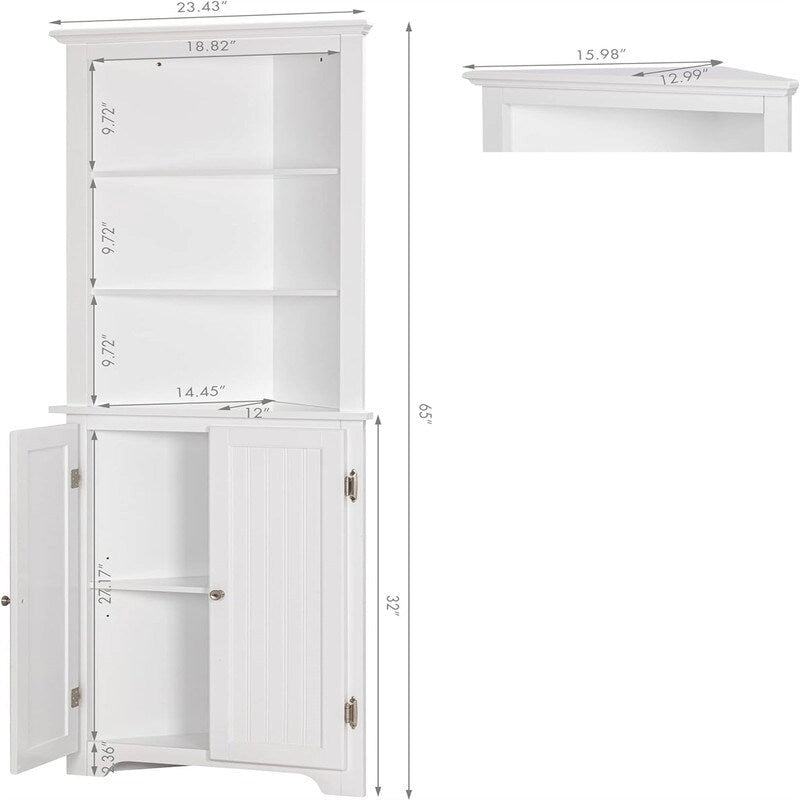 Meuble d'angle avec portes doubles et étagères réglables – Blanc, finition bois, panneau perlé, style vintage