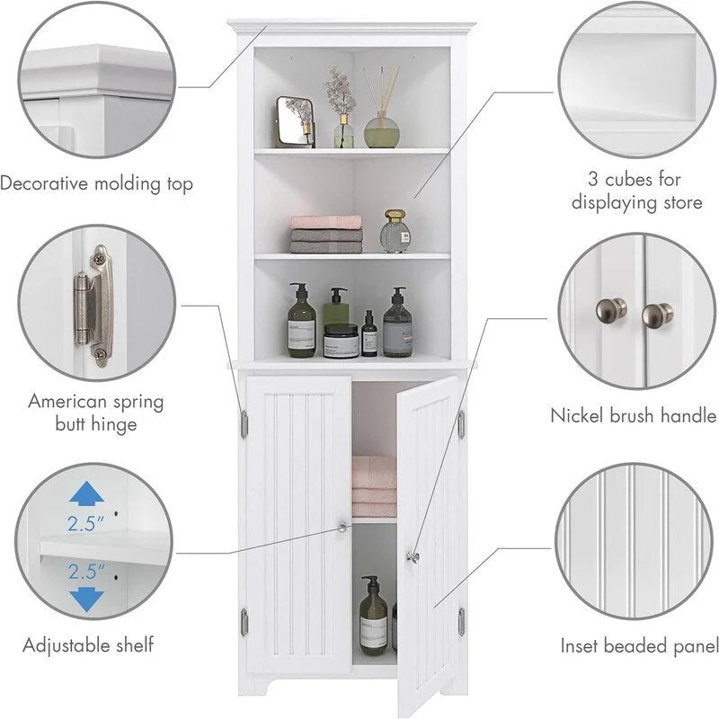 Meuble d'angle avec portes doubles et étagères réglables – Blanc, finition bois, panneau perlé, style vintage