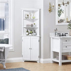 Meuble d'angle avec portes doubles et étagères réglables – Blanc, finition bois, panneau perlé, style vintage