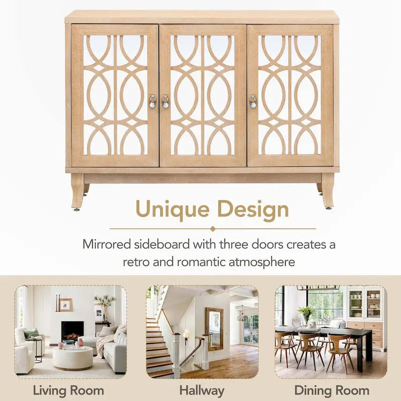 Buffet 3 portes avec miroirs et poignées goutte d'eau – Naturel / Champagne / Noir, Style Ferme