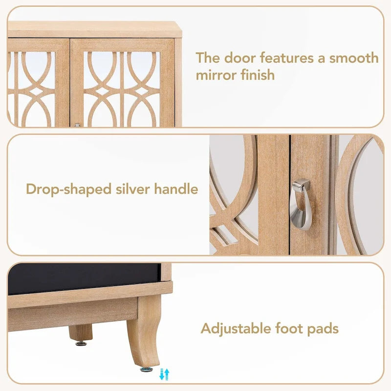 Buffet 3 portes avec miroirs et poignées goutte d'eau – Naturel / Champagne / Noir, Style Ferme