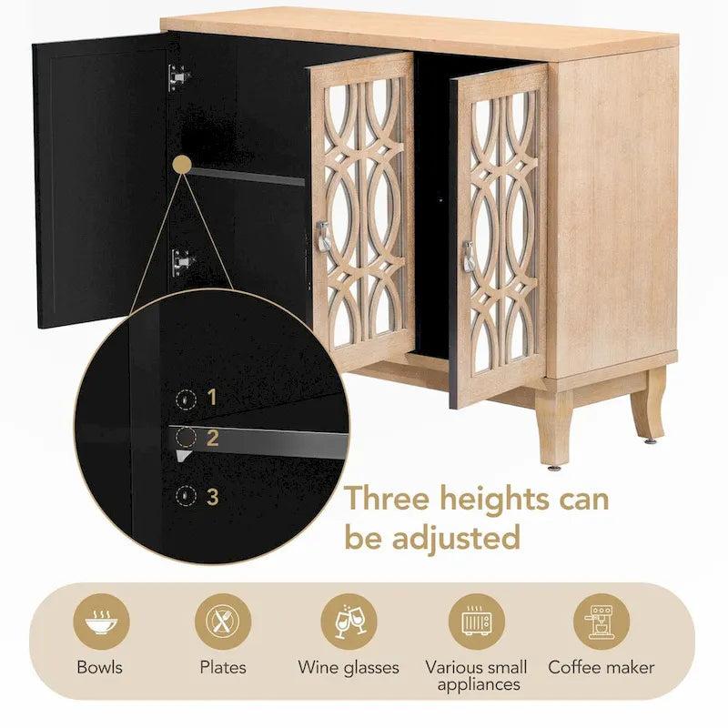 Buffet 3 portes avec miroirs et poignées goutte d'eau – Naturel / Champagne / Noir, Style Ferme