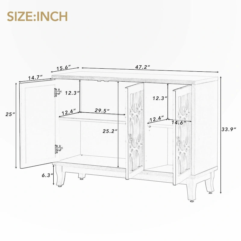 Buffet 3 portes avec miroirs et poignées goutte d'eau – Naturel / Champagne / Noir, Style Ferme