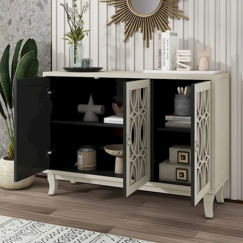 Buffet 3 portes avec miroirs et poignées goutte d'eau – Naturel / Champagne / Noir, Style Ferme