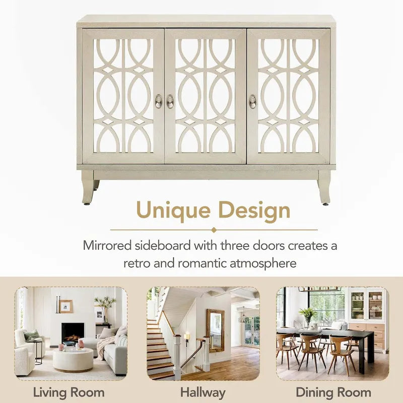 Buffet 3 portes avec miroirs et poignées goutte d'eau – Naturel / Champagne / Noir, Style Ferme