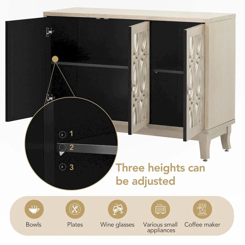 Buffet 3 portes avec miroirs et poignées goutte d'eau – Naturel / Champagne / Noir, Style Ferme