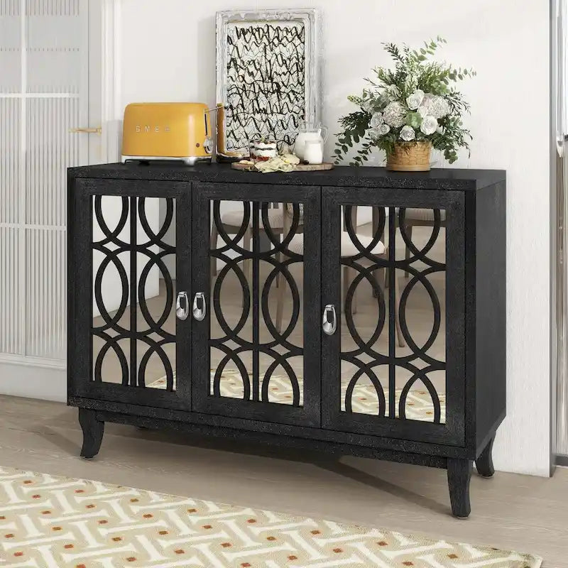 Buffet 3 portes avec miroirs et poignées goutte d'eau – Naturel / Champagne / Noir, Style Ferme