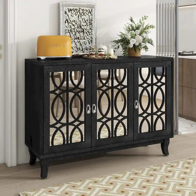 Buffet 3 portes avec miroirs et poignées goutte d'eau – Naturel / Champagne / Noir, Style Ferme