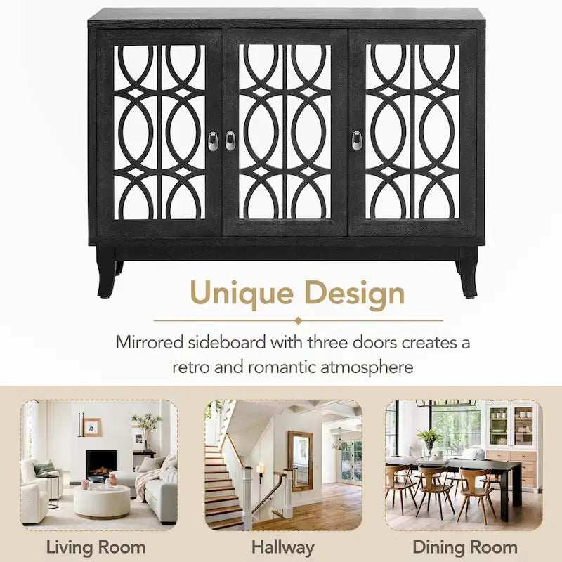 Buffet 3 portes avec miroirs et poignées goutte d'eau – Naturel / Champagne / Noir, Style Ferme