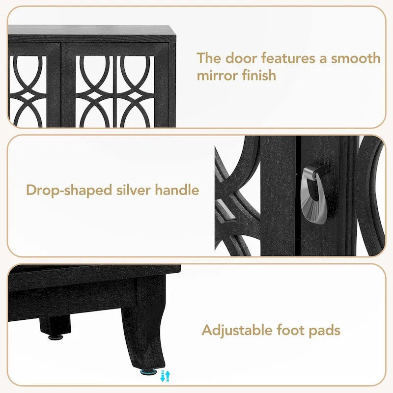 Buffet 3 portes avec miroirs et poignées goutte d'eau – Naturel / Champagne / Noir, Style Ferme