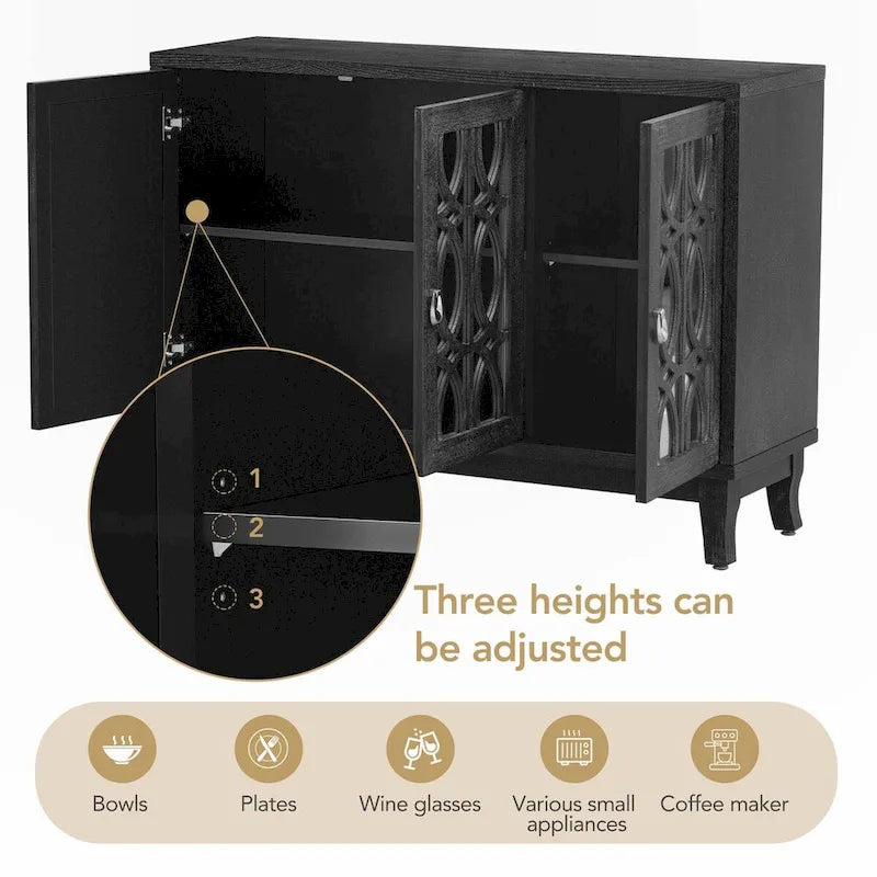 Buffet 3 portes avec miroirs et poignées goutte d'eau – Naturel / Champagne / Noir, Style Ferme