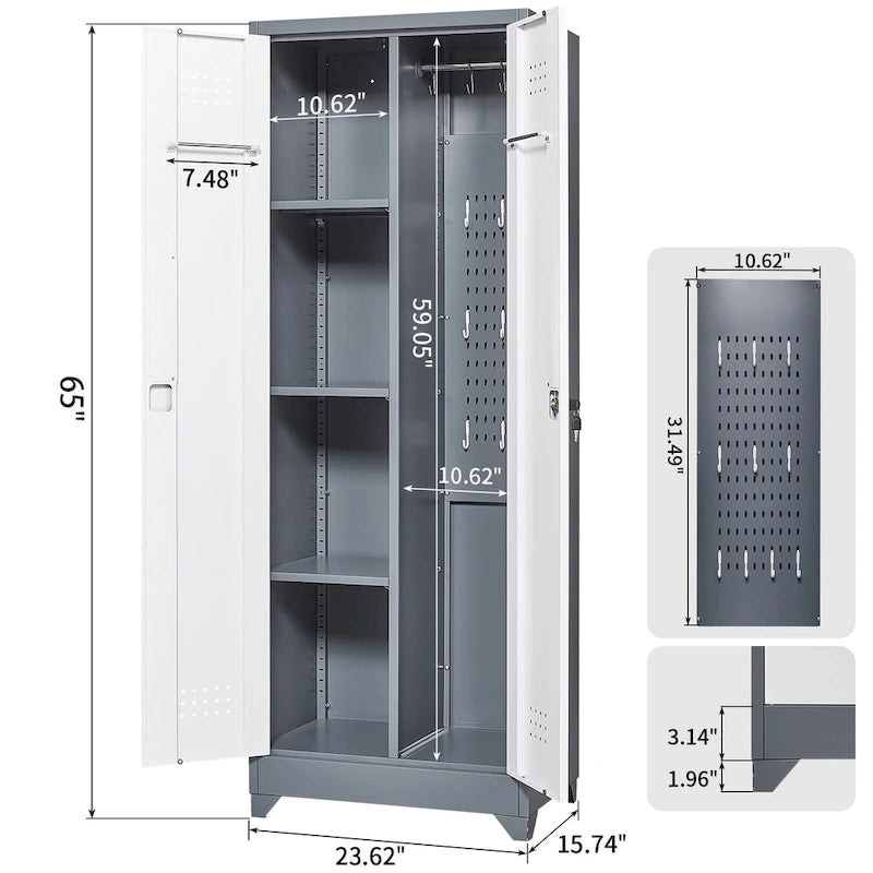 Armoire de rangement haute en acier avec porte verrouillable et tringle – Gris / Gris+Blanc, Anti-rouille, Ventilée