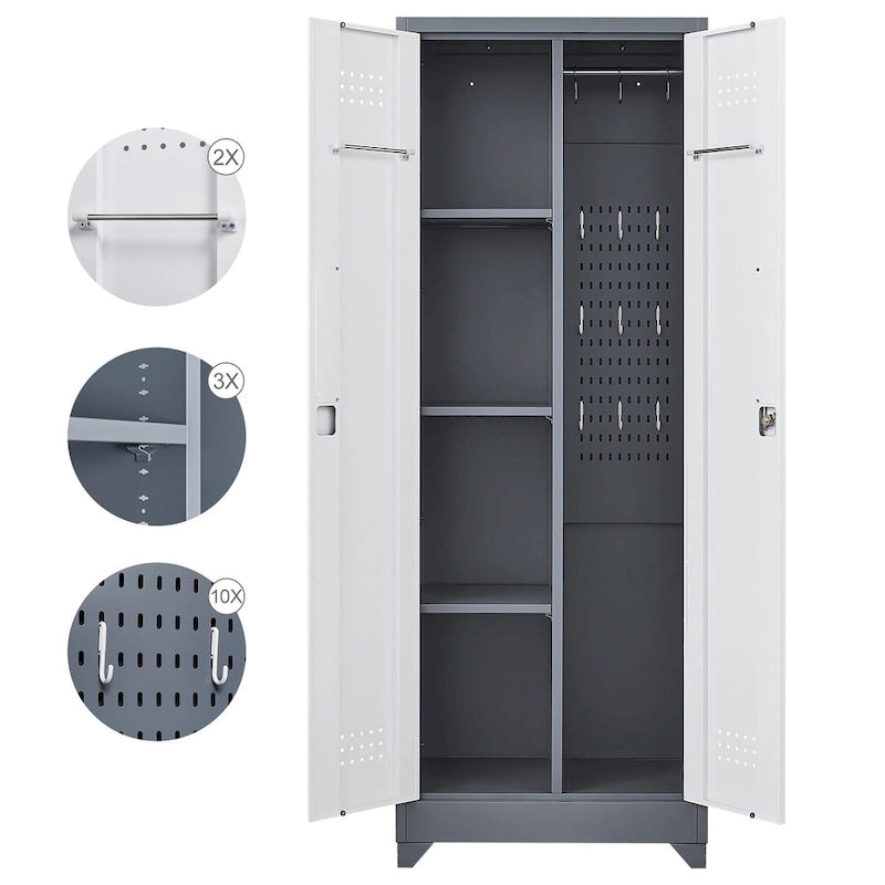 Armoire de rangement haute en acier avec porte verrouillable et tringle – Gris / Gris+Blanc, Anti-rouille, Ventilée