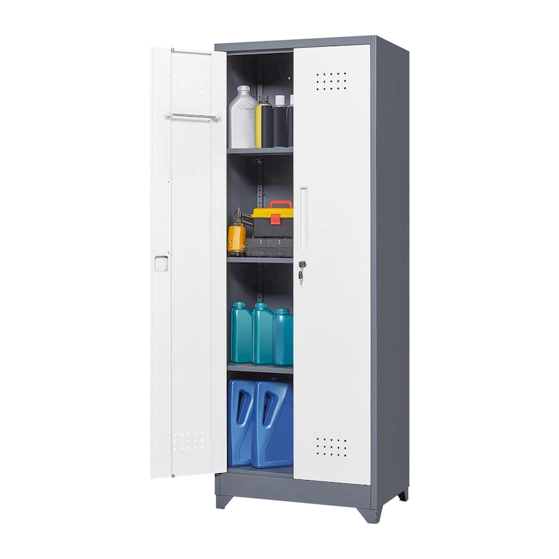 Armoire de rangement haute en acier avec porte verrouillable et tringle – Gris / Gris+Blanc, Anti-rouille, Ventilée