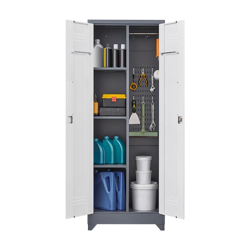 Armoire de rangement haute en acier avec porte verrouillable et tringle – Gris / Gris+Blanc, Anti-rouille, Ventilée