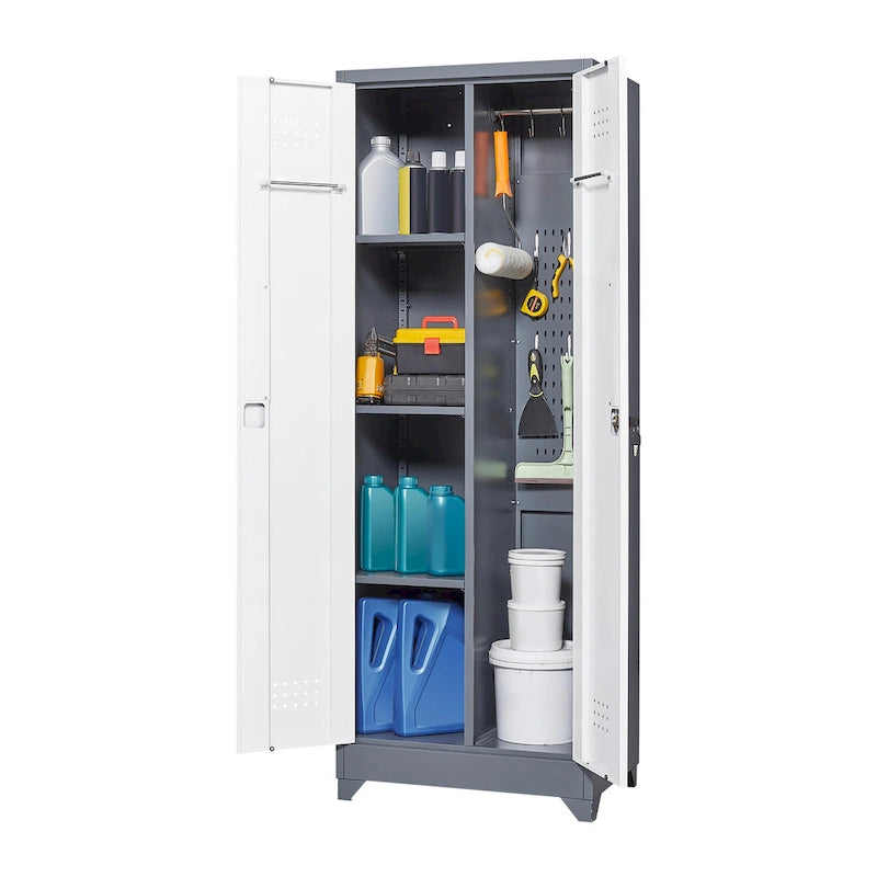 Armoire de rangement haute en acier avec porte verrouillable et tringle – Gris / Gris+Blanc, Anti-rouille, Ventilée
