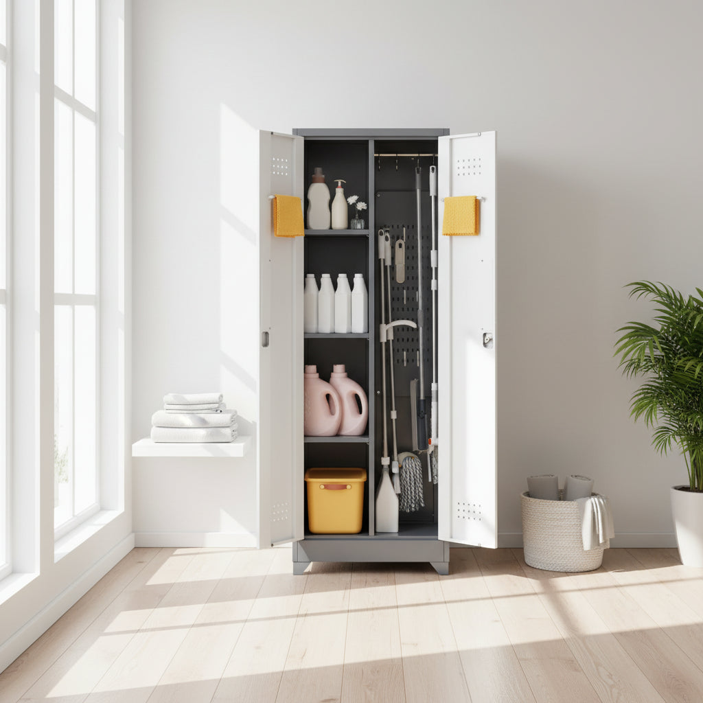 Armoire de rangement haute en acier avec porte verrouillable et tringle – Gris / Gris+Blanc, Anti-rouille, Ventilée