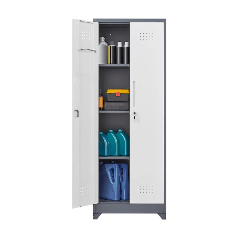 Armoire de rangement haute en acier avec porte verrouillable et tringle – Gris / Gris+Blanc, Anti-rouille, Ventilée