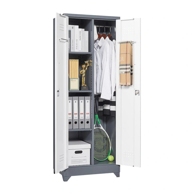 Armoire de rangement haute en acier avec porte verrouillable et tringle – Gris / Gris+Blanc, Anti-rouille, Ventilée
