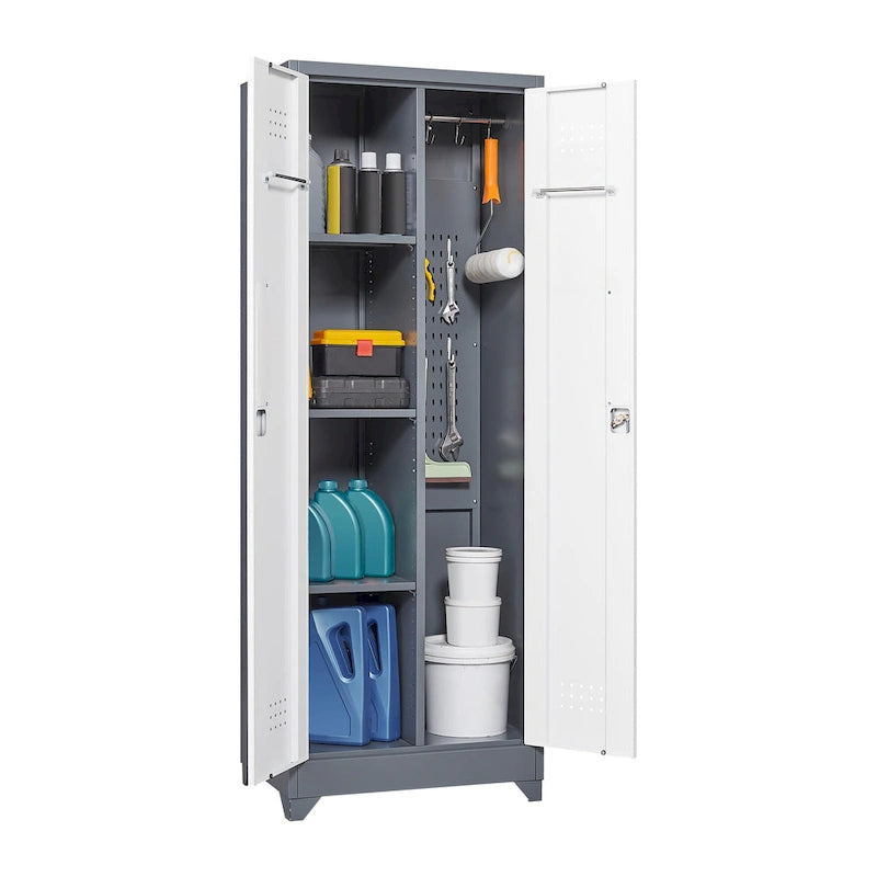 Armoire de rangement haute en acier avec porte verrouillable et tringle – Gris / Gris+Blanc, Anti-rouille, Ventilée
