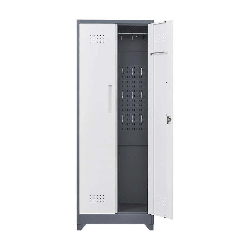 Armoire de rangement haute en acier avec porte verrouillable et tringle – Gris / Gris+Blanc, Anti-rouille, Ventilée