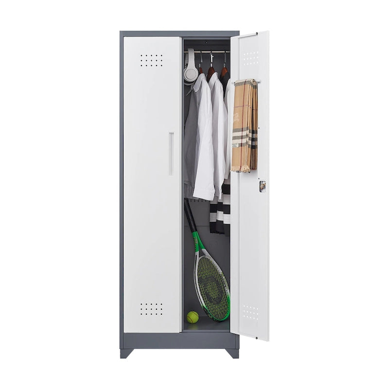 Armoire de rangement haute en acier avec porte verrouillable et tringle – Gris / Gris+Blanc, Anti-rouille, Ventilée