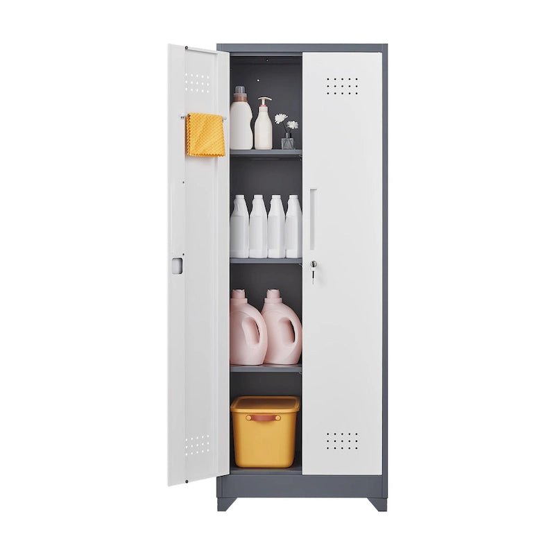 Armoire de rangement haute en acier avec porte verrouillable et tringle – Gris / Gris+Blanc, Anti-rouille, Ventilée