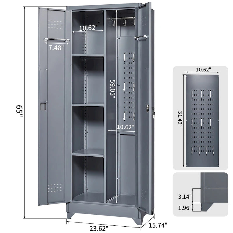 Armoire de rangement haute en acier avec porte verrouillable et tringle – Gris / Gris+Blanc, Anti-rouille, Ventilée