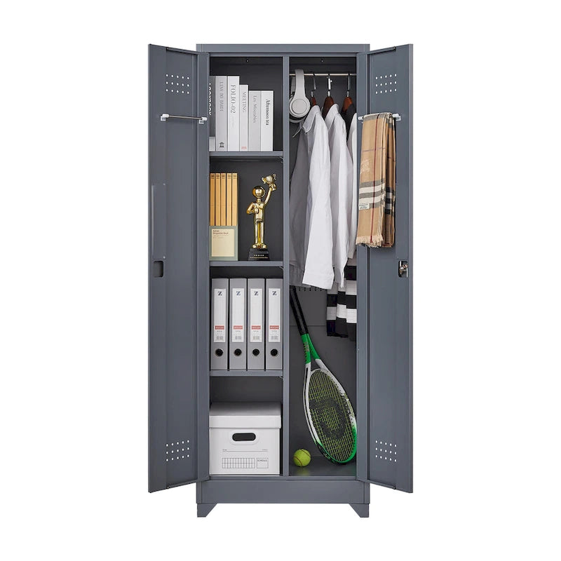 Armoire de rangement haute en acier avec porte verrouillable et tringle – Gris / Gris+Blanc, Anti-rouille, Ventilée